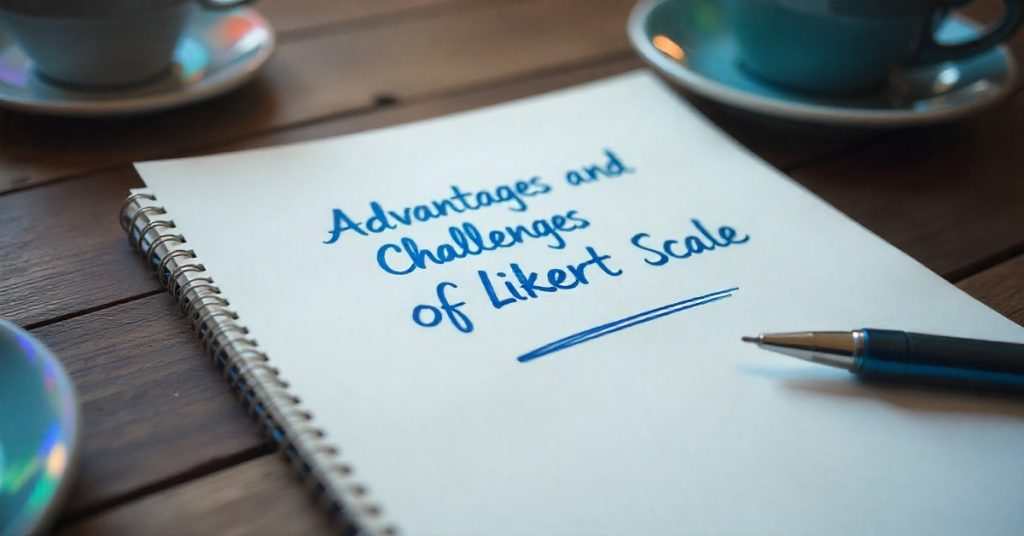 On a plain white notebook, advantages and challenges of the Likert scale is written with blue gel pen. 