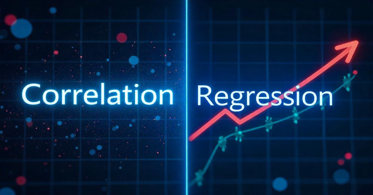 Diagram comparing correlation vs regression analysis.