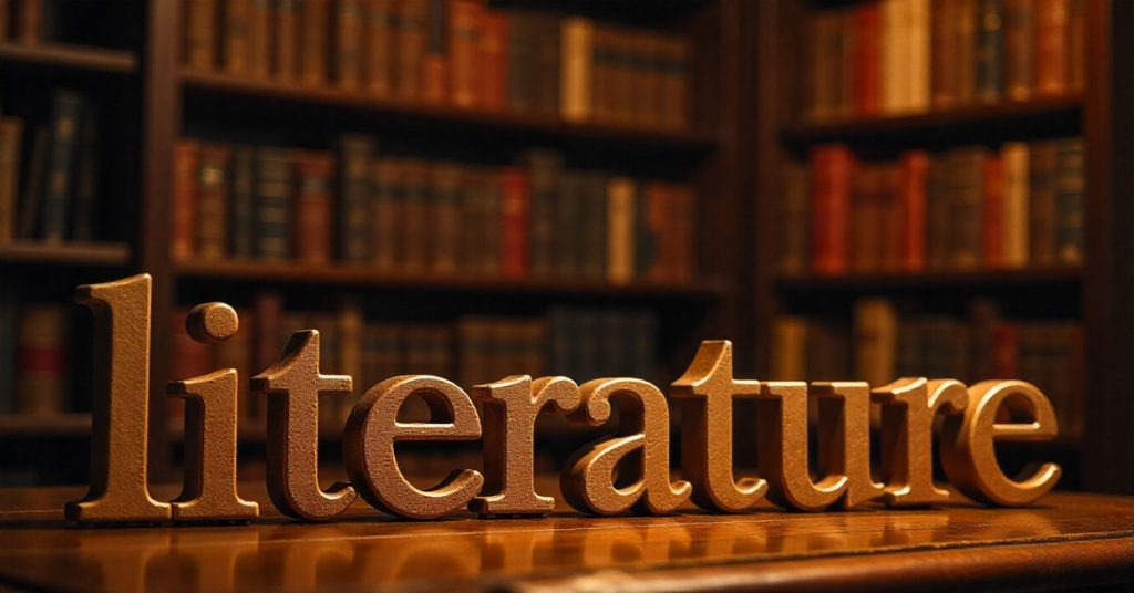 Literature word in front of a bookshelf, highlighting MCQs on literature.