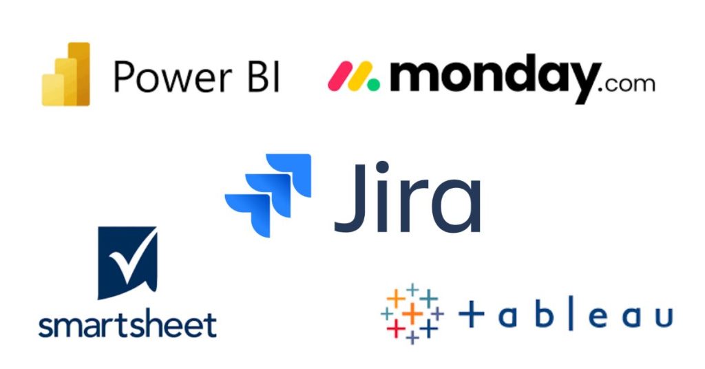 Power BI, Monday, Jira, and Smartsheet logos, representing tools for data analytics in project management.