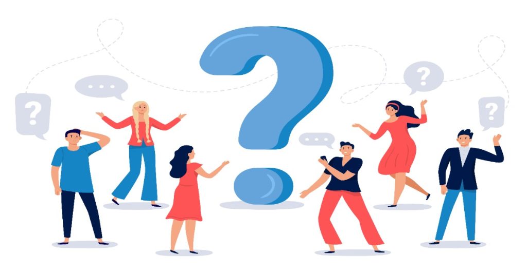 Individuals surrounded by question marks and speech bubbles engaging in Whatsapp questions to share personal stories.