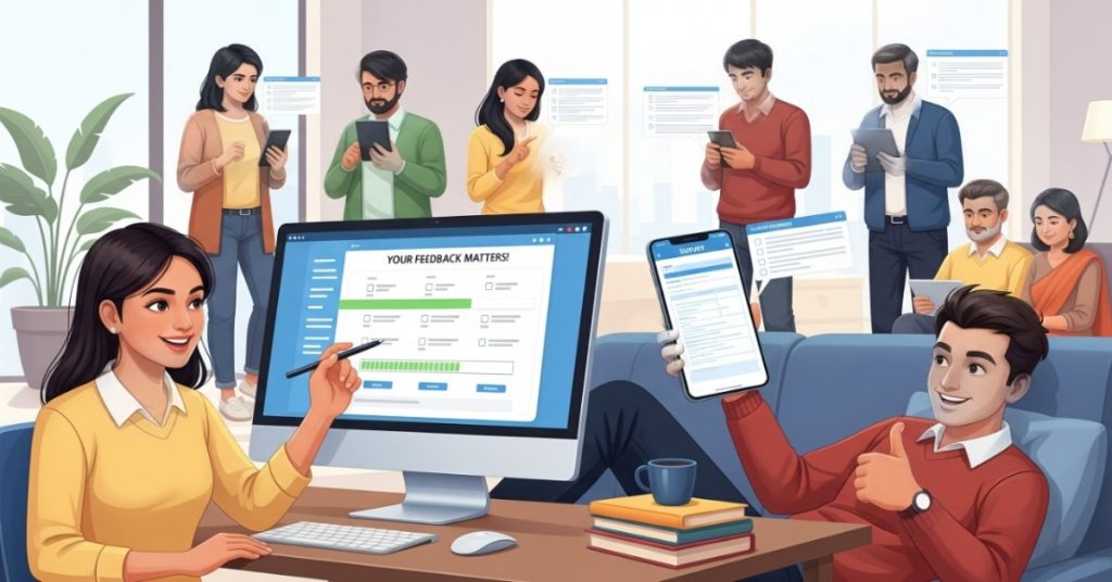 People completing surveys on mobile and desktop devices, illustrating high engagement and completion rates.