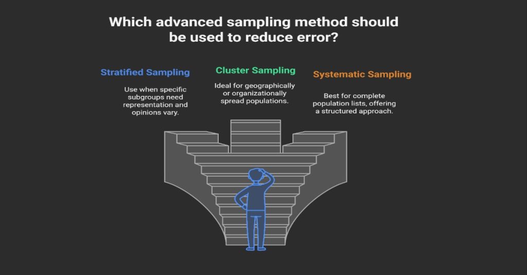 Visual representation of advanced sampling methods: stratified, cluster, and systematic, aimed at minimizing sampling error.