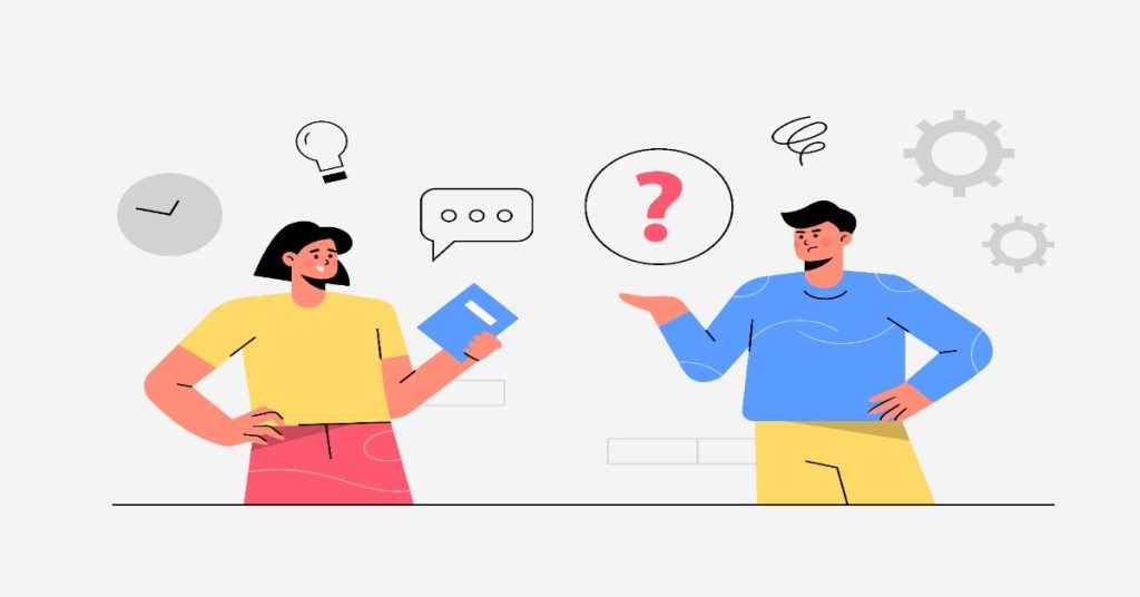 Two individuals engage in a conversation about healthcare surveys, emphasizing the importance of asking the right questions.