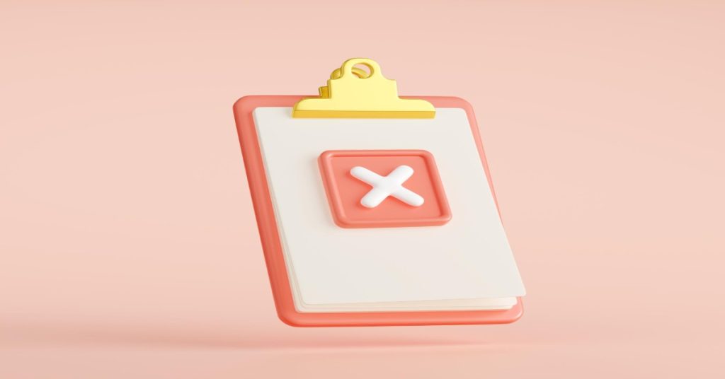 Clipboard with an X on a pink background, symbolizing random sampling and common mistakes in online survey sampling.