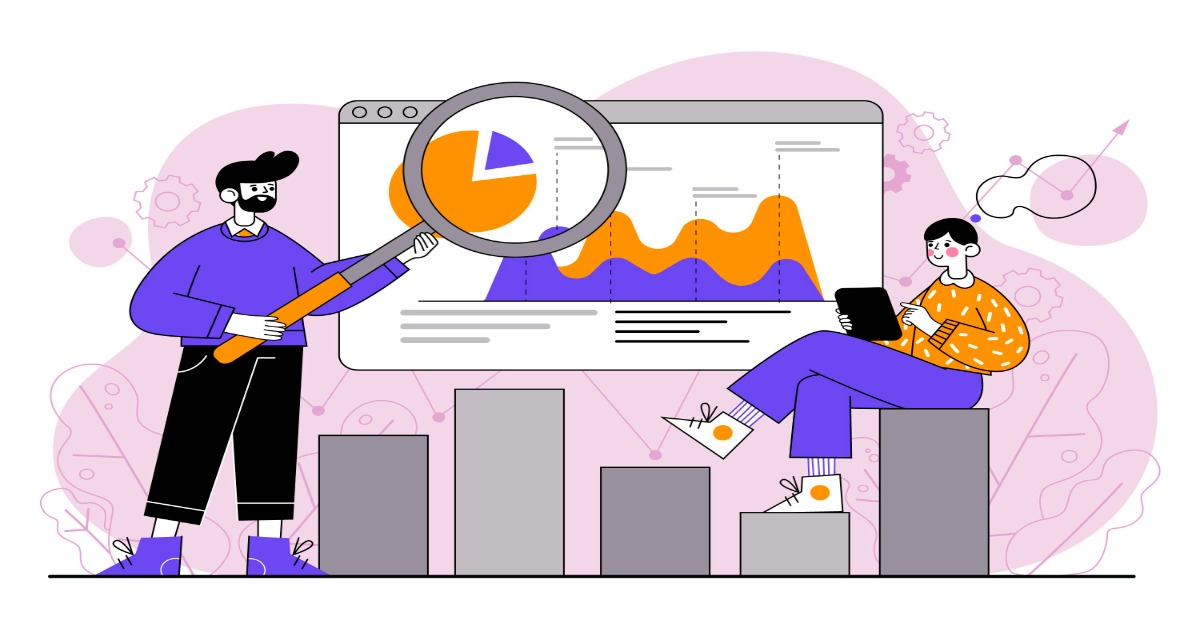 Two people analyze metrics on a screen, focusing on user engagement and survey results displayed in graphs.
