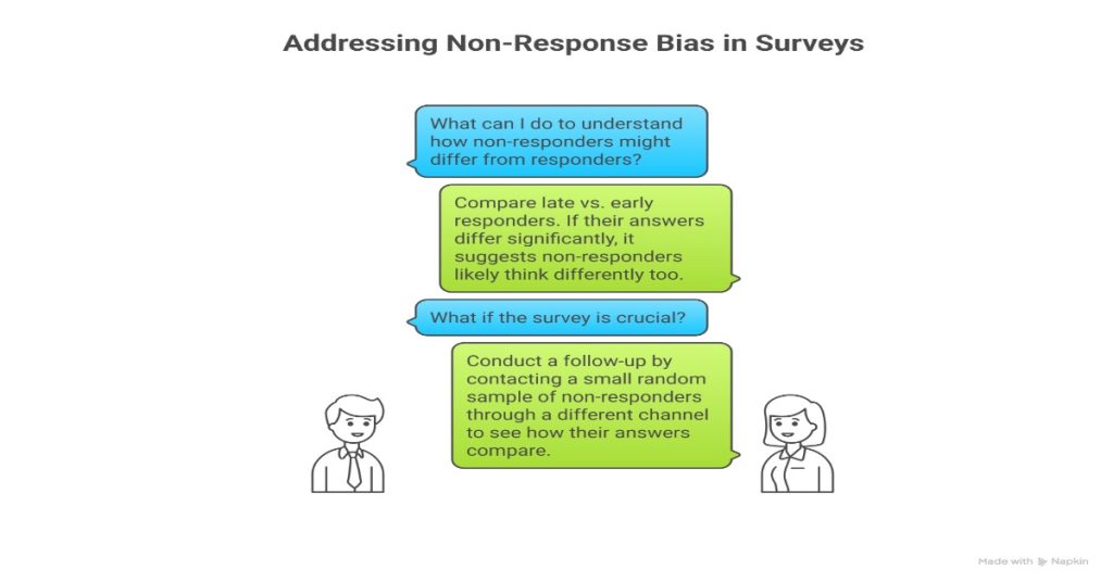 Two people discussing survey responses and sampling error, highlighting the need to analyze non-response bias.