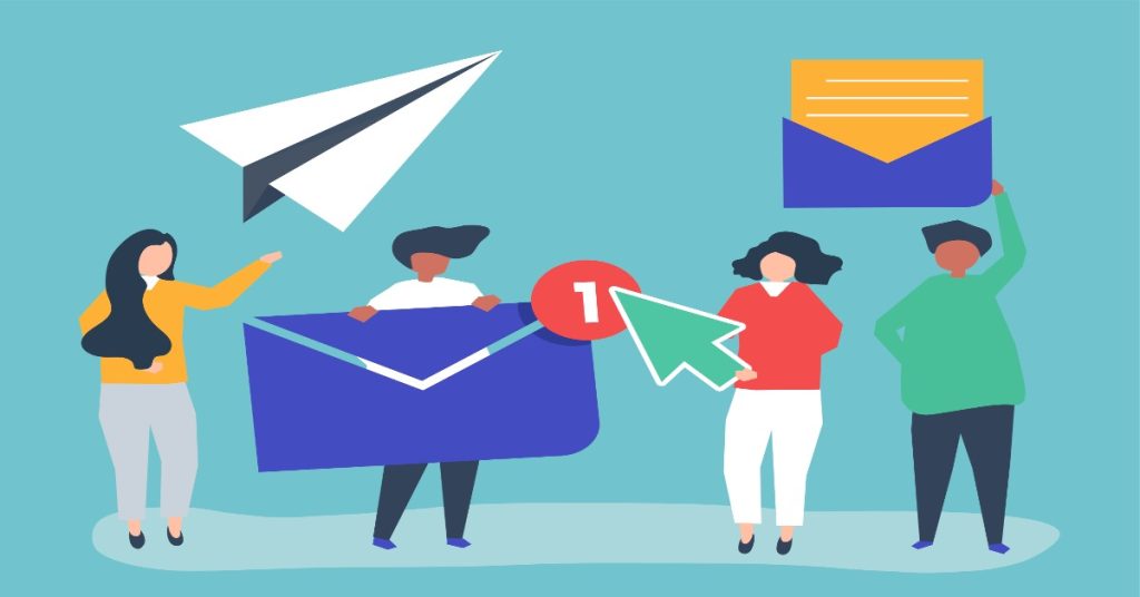 Individuals with mail and an envelope featuring a paper airplane, representing strategies and surveys in outreach efforts.