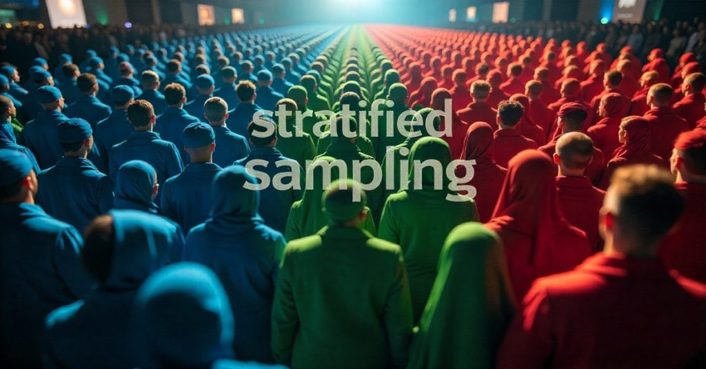 Crowd in same clothing but in 3 different colors illustrates stratified sampling, highlighting its role in reducing sampling error.