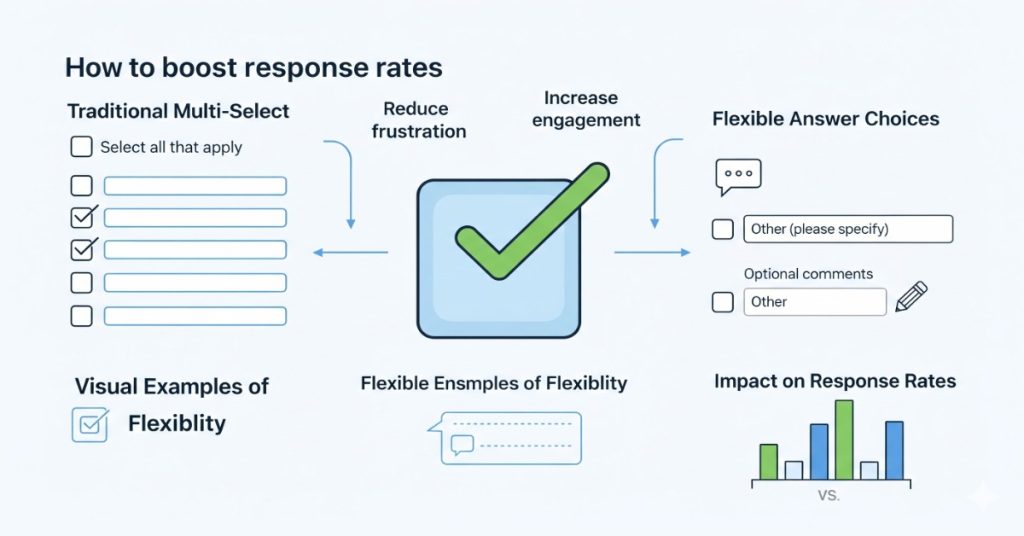 Infographic of checkbox multi-select survey questions, showing how to boost response rates through flexible answer choices.