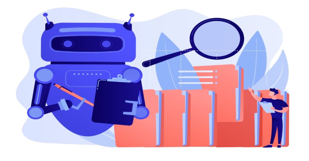 Illustration of a robot (AI) helping in analyzing customer reviews. 