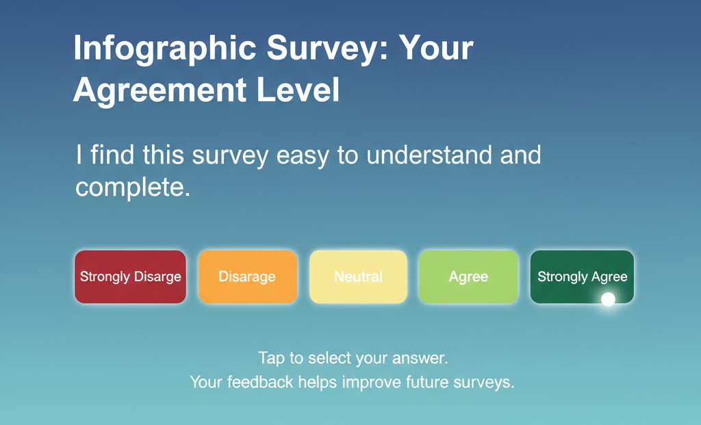 Infographic depicting a Likert scale survey question, showing agreement levels to optimize survey response rates and minimize fatigue.