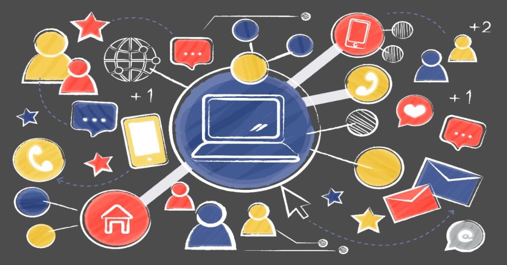 Social media icons to represent multi-channel distribution strategies for survey reach.