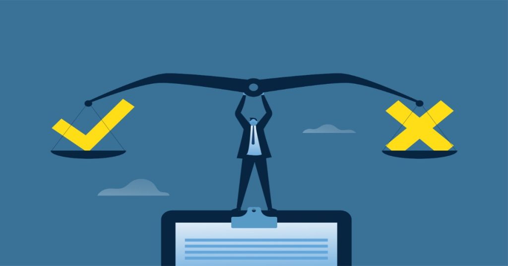 A man balancing a tick & a cross on scales, symbolizing the impact of errors on decision-making.