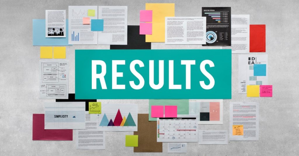 The word "Results" is encircled by papers and sticky notes, emphasizing the importance of survey design in research.
