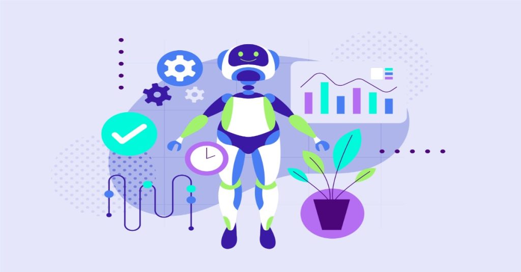 A robot stands beside a plant and a chart, illustrating the use of AI in customer reviews analysis.