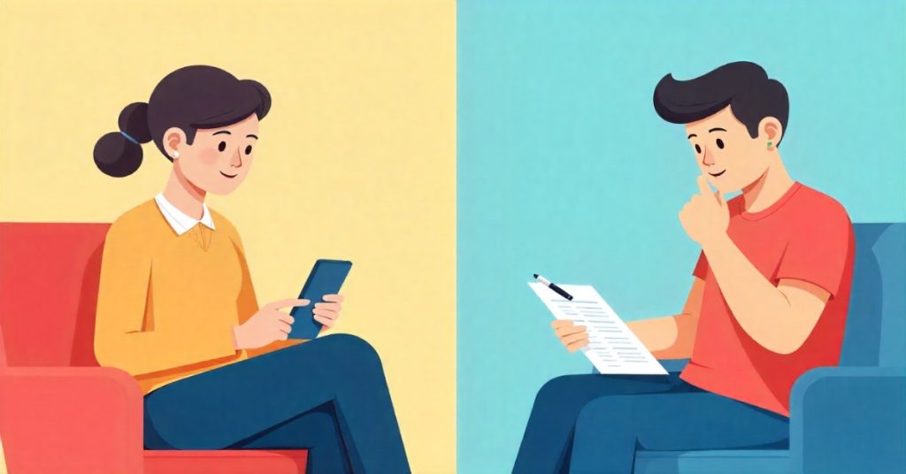 A man and woman filling offline and online survey forms respectively to illustrate hybrid survey distribution. 