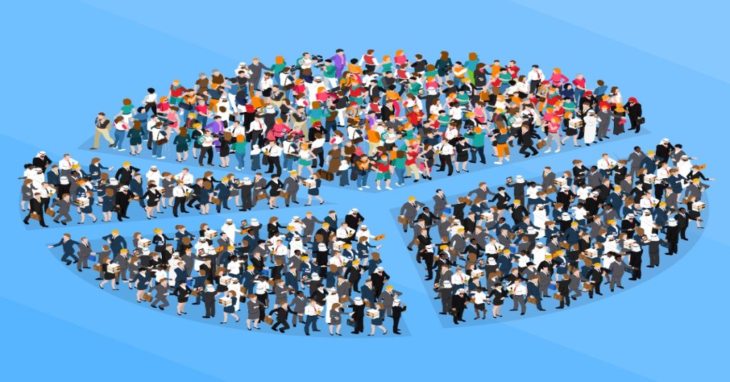 Large group of people arranged in a pie chart shape, illustrating segregation of customer review analysis.