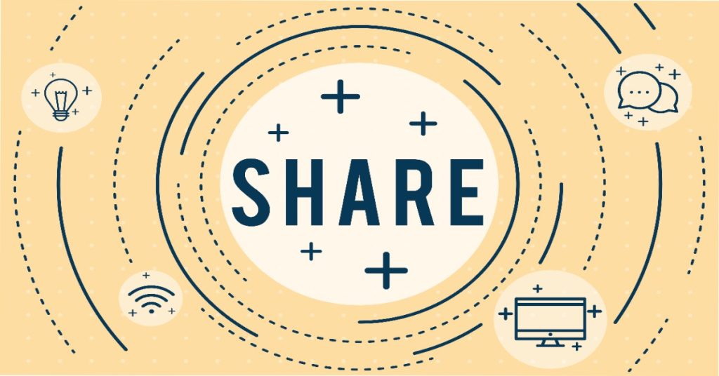 Share word in the middle of the image on a yellow background with icons of communication. 