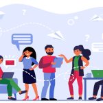 Team members engaged in conversation and teamwork, focusing on survey distribution strategies in an office environment.