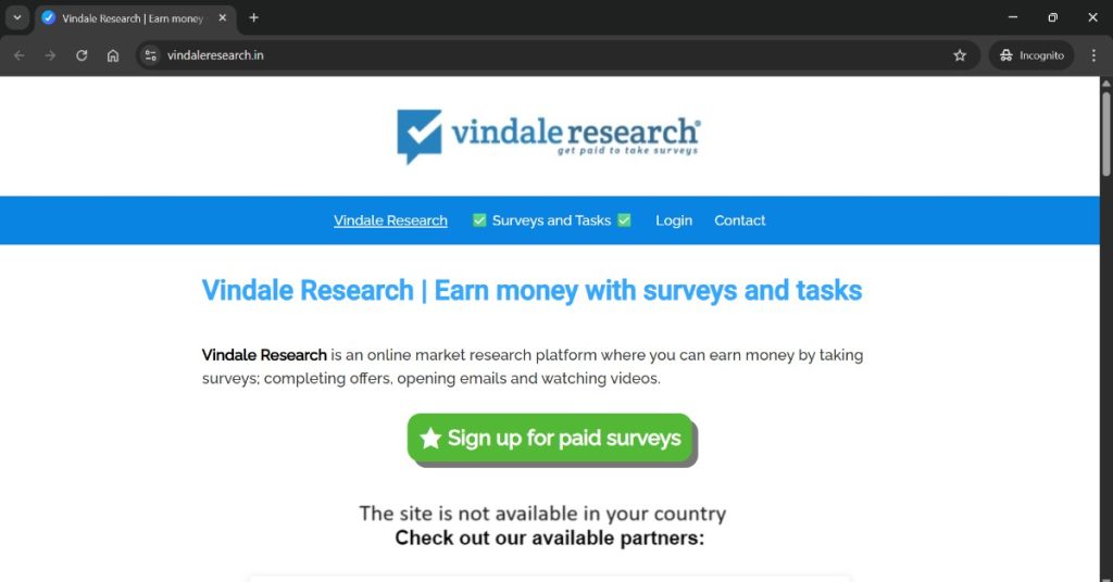 Image of a money-earning survey site, Vindale Research.