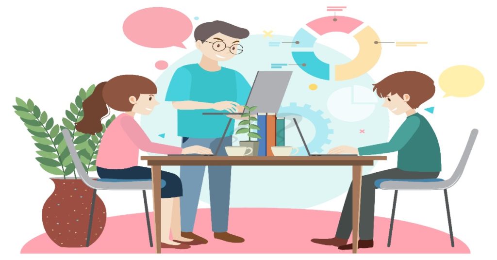 A man and woman are seated at a table with a laptop, engaged in customer review analysis.