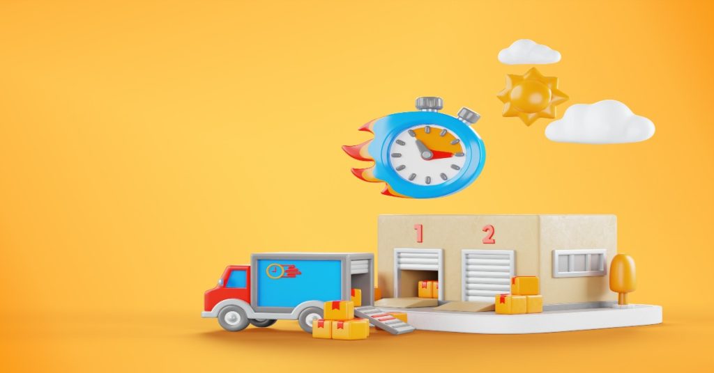 3D illustration of a delivery truck and clock on yellow background, connecting loyalty to speed and convenience for customers.