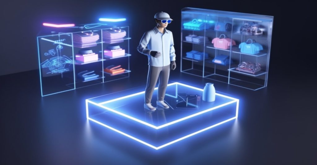 A man in a white shirt and hat stands by a clothing display, showcasing loyalty to technology as an enabler in retail.