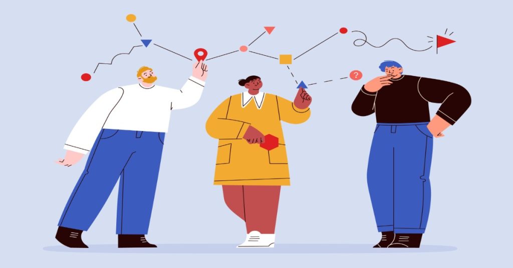 Three professionals gather around a diagram with arrows, emphasizing the experience of mapping the customer journey for CX.