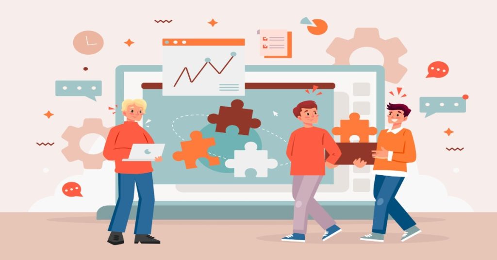 Team collaborates around a laptop, participating in a training session to solve their customer's problem.