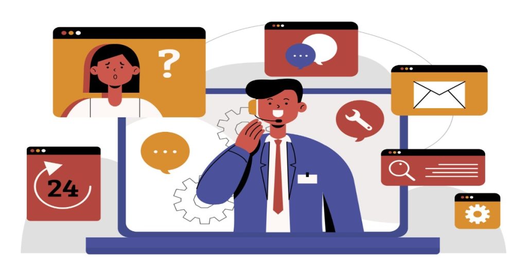A man on the phone, engaging with customers, with icons representing communication and feedback on the screen.