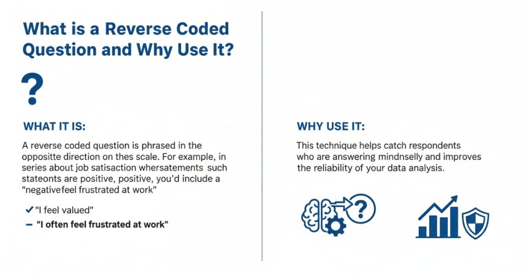 Diagram explaining reverse coded questions, focusing on their effectiveness in addressing bias in survey methodologies.